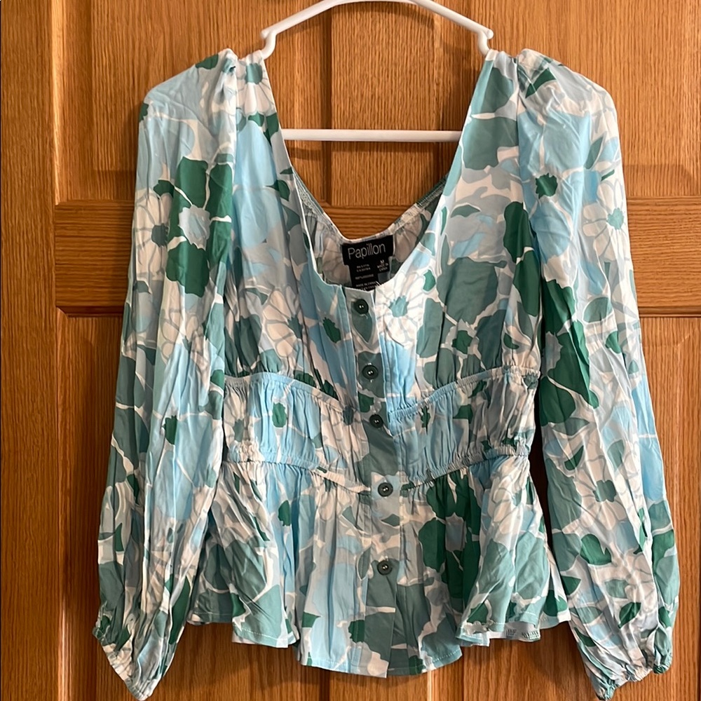 Papillon Blanc Green and Blue Peplum Blouse with 3/4 Sleeves